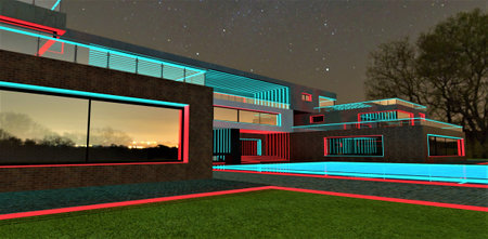 Awesome illumination design of the contemporary upscale real estate for families with high level income. Turquoise swimming pool and well-groomed area under the night starry sky. 3d rendering.の写真素材