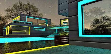 Yellow turquoise luminous elements of the upscale country house night decor under starry sky. Looks...