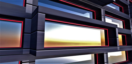 The elite contemporary apartment window reflecting stunning sunrise. Red frame as decor of the...