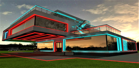 Red turquoise illumination of the contemporary private estate at starry night. Console floor above the porch. Glass facade and swimming pool inside the house. 3d rendering.の写真素材