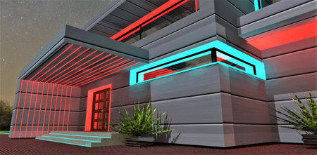 Luminous design elements of the entrance to a suburban private home at night time. Red straight glowing lines on the porch. Individual illumination features for each house. 3d rendering.の写真素材