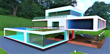 Futuristic country spa mansion constructed in a forest on the green lawn. Two swimming pools inside the building. 3d rendering.の写真素材