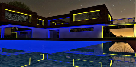 Reflection of the illumination and sunset on the blue tile of the swimming pool in the yard of the cozy high-tech house constructed in the eco-friendly village. 3d rendering.の写真素材