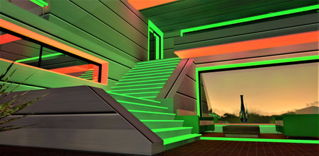 Green glowing stairs up to the balcony. Stylish illumination of the relax zone. Reflection of sunset in mirrored window. 3d rendering.の写真素材