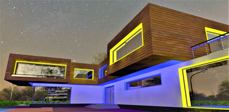 Blue yellow night illumination of the country house wooden facade against the starry sky. 3d rendering.の写真素材