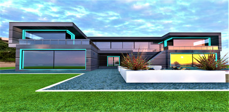 Exclusive design of the contemporary villa. White glowing curb between lawn and natural granite pavement. Reflection of the sunrise in a panoramic window. 3d rendering.の写真素材
