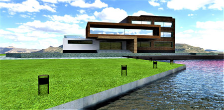 Turned off lights on the lawn along the pier of the lake in front of the upscale private mansion with mountains on the background. 3d rendering.の写真素材