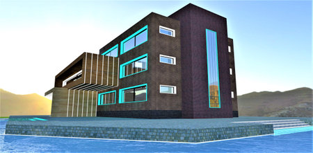 Exclusive apartment building for three families constructed on the mountain lake island. View at the dawn. Amazing day exterior illumination. 3d rendering.の写真素材