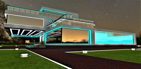 Night view of the advanced upscale home with swimming pool inside. Translucent water visible behind the glass. Illuminated facade and territory. 3d rendering.の写真素材