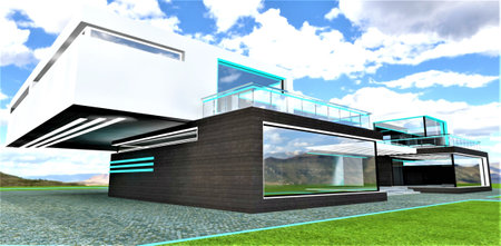 Awesome blue cloudy sky above luxury suburban mansion with glass illuminated exterior. Stunning mountains on the background. 3d rendering.の写真素材