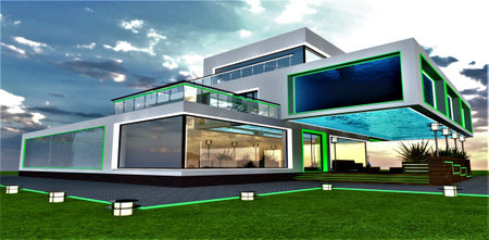 Low street lights along the border of the pavement on the territory of upscale private mansion with the open air transparent pool as a cantilevered structure. 3d rendering.の写真素材