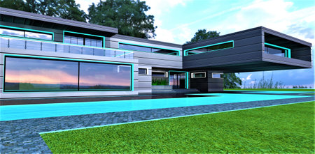 New trendy design of the upscale private mansion with cantilevered balcony structure. Amazing illuminated pool along the facade of the building. 3d rendering.の写真素材