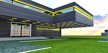Square LED lamps as an evening illumination on the bottom of console second floor above the entrance to the private country estate constructed on the flat meadow. 3d rendering.の写真素材