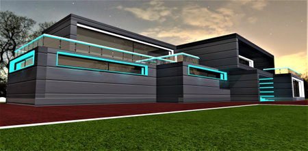 Upscale contemporary cottage at night finished with horizontal aluminum panels. Glowing window frames as an exterior decoration. 3d rendering.の写真素材