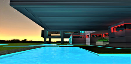 Console structure above the swimming pool with glowing surface on the territory of the private...