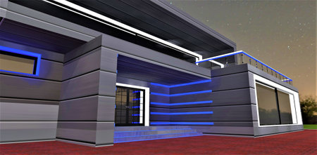 Variant of the porch night decoration with glowing elements. Blue parallel stripes on the wall looks nice with large panoramic window. 3d rendering.の写真素材