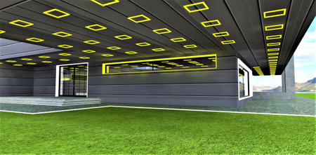 Porch of a contemporary suburban building. Concrete steps up to a glass entry door. Yellow LED glowing decor on the bottom of the upper floor. Green lawn with mountains on the background. 3d rendering.の写真素材