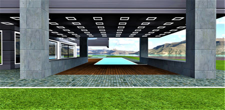 Empty patio of recently built contemporary villa. Massive concrete supports. White LED lamps above a deck in front of the swimming pool. Wonderful mountains landscape. 3d rendering.の写真素材