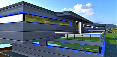 Modern balcony of the upscale house. White blue day illumination of the glass fence railing and window frames as a facade decoration. 3d rendering.の写真素材
