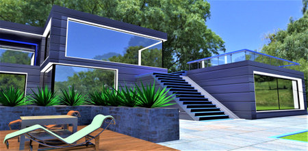 Stunning middle class estate with white illuminated window frames making facade of the house more attractive for potential client. 3d rendering.の写真素材