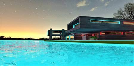 Luxury villa with illuminated exterior constructed on the bank of the eco-friendly lake cleaned...