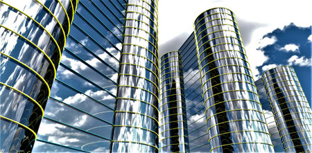 Day illumination of the glass facade attracts the potential real estate investors. Bottom view of the newly built apartment buildings. 3d rendering.の写真素材