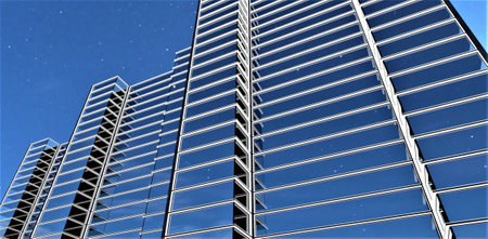 Mirrored glass facade of the newly built business center. Reflection of the stunning blue sky with stars in the panoramic windows. 3d rendering.の写真素材
