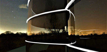 Reflection of the amazing distant town night lights in the illuminated round glass facade of the contemporary apartment building. 3d rendering.の写真素材