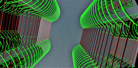 Red and green LED glowing elements as a night decor of two upscale apartment skyscrapers with glass facade reflecting night stars. 3d rendering.の写真素材
