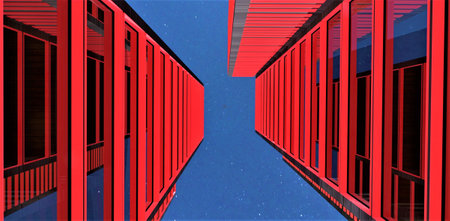 Abstract view of the starry night sky between two skyscrapers with glass facade illuminated in red. 3d rendering.の写真素材