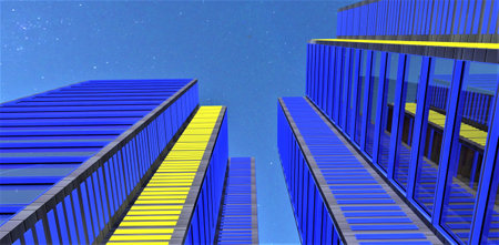 View from below of the low-rise apartment building with blue and yellow elements of the glass exterior against the night sky. 3d rendering.の写真素材