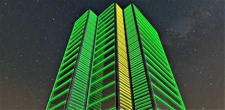 Green illumination of the awesome office building. Yellow glowing inserts. Bottom view against the starry sky. 3d rendering.の写真素材