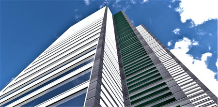 Bright blue sky with clouds above the newly built contemporary tall skyscraper with day illumination. 3d rendering.の写真素材