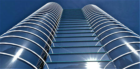Bright morning sun reflected in the glass facade of the contemporary office building with day illumination against the stunning blue sky. 3d rendering.の写真素材