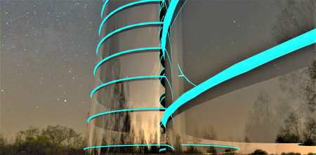 Tops of the old trees against the night starry sky reflected in the glass facade of the upscale apartment building. 3d rendering.の写真素材