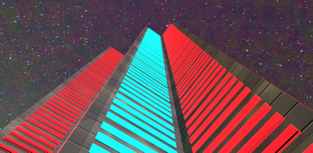 Stunning night sky above the high apartment house with glowing window frames. Combination of red and turquoise. Good idea for contemporary building designers. 3d rendering.の写真素材