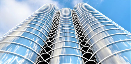 View from below of the modern office with round glass walls reflecting amazing blue cloudy sky. 3d rendering.の写真素材