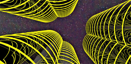View from below at the night starry sky standing between three skyscrapers with bright yellow illumination of the glass reflective exterior. 3d rendering.の写真素材