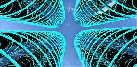 Bottom view of four upscale apartment towers with round facade finished with glass illuminated in turquoise against the blue sky. 3d rendering.の写真素材