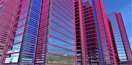 Exclusive recently constructed apartment-office complex. Glass facade with day illumination in pink with blue inserts. Suitable proposition for real estate investors. 3d rendering.の写真素材
