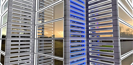 Illuminated exterior of the stylish office at night. view from the copter. White and blue colors. large windows. 3d rendering.の写真素材