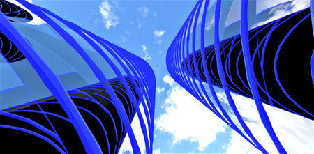 The clouds swim in the sky above two contemporary apartment skyscrapers with blue glowing decor elements on the glass facade. 3d rendering.の写真素材