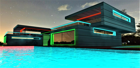 Night illumination of the stunning villa with turquoise pool. Profitable investment for suburban real estate resellers. 3d rendering.の写真素材