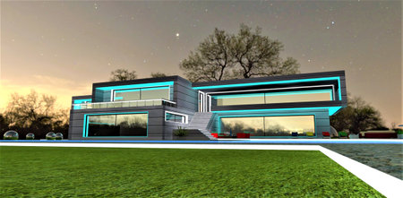 Large lawn limited by white luminous border of the granite walkway on the territory of the private eco-friendly dwelling with illuminated windows frames as a night decoration. 3d rendering.の写真素材