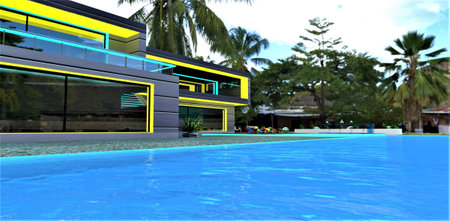 Recently build contemporary cottage with illuminated facade and swimming pool among the old suburban buildings and palm trees. 3d rendering.の写真素材