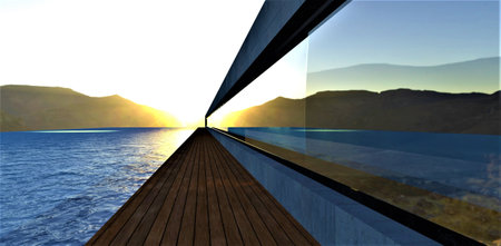 Distant sunrise between mountains in the lake reflected in long mirrored window of the abstract concrete building with wooden blind area. 3d rendering.の写真素材