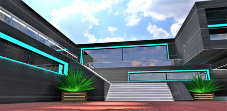 The sun glare falling down through the cloudy sky on the red brick paved area in front of the stairs of the upscale mansion designed exclusively by a skilled team of young constructors. 3d rendering.の写真素材