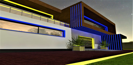 Yellow blue illumination of the upscale country cottage exterior and the pavement border. The porch and windows look nice at night time. 3d rendering.の写真素材