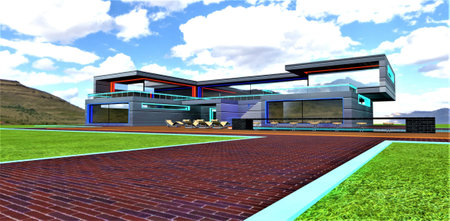 The masterpiece of the modern architectural art. Contemporary design of the suburban estate with multicolor illumination. Brick walkway with glowing curb on the lawn. 3d rendering.の写真素材