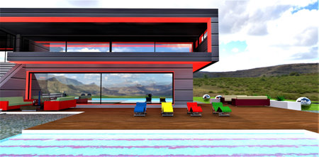 Multicolored sun loungers on the deck in front of the steps down into the pool in the yard of the upscale private cottage with stylish day illumination of the facade. 3d rendering.の写真素材